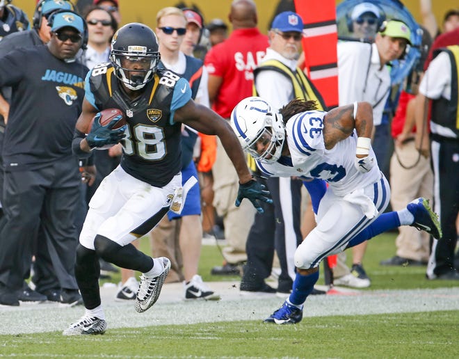 Jacksonville Jaguars wide receiver Allen Hurns (88) runs past Indianapolis Colts free safety Dwight Lowery (33) on an 80-yard pass play for a touchdown during the second half of an NFL football game in Jacksonville, Fla., Sunday, Dec. 13, 2015. (AP Photo/Stephen B. Morton)