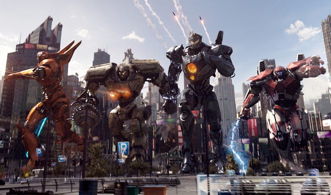 Giant robots, known as Jaegers, must defend the world from monsters from another dimension in “Pacific Rim: Uprising.” [Legendary Pictures-Universal Pictures]