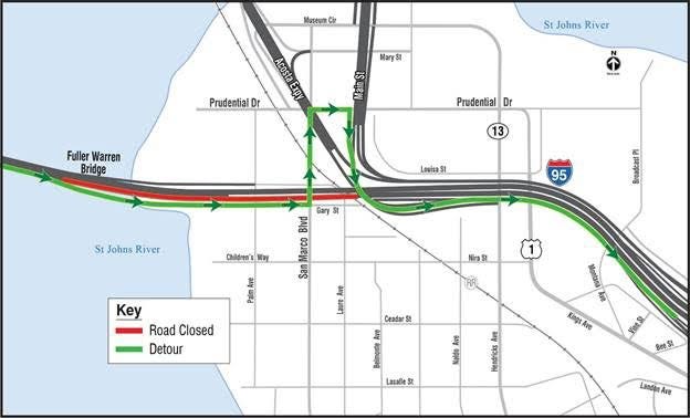 This map shows the Overland Bridge project's southbound detours overnight Monday and Tuesday. [Florida Department of Transportation]