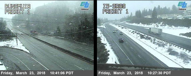 Caltrans road cameras show light snow falling in Dunsmuir and Mount Shasta Friday morning, March 23, 2018. The National Weather Service says snow intensity will increase later in the day.