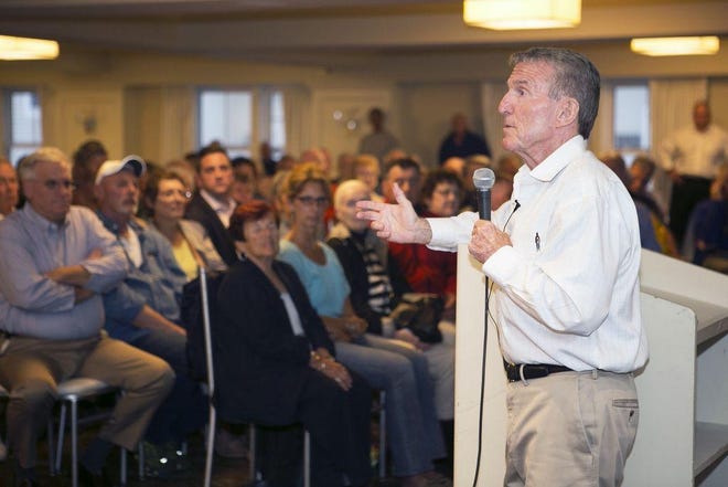 Ret. Gen. Richard "Butch" Neal speaks to a crowd in Hull in 2017. Patriot Ledger file photo.