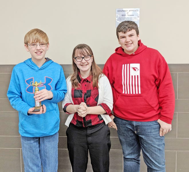 Eighth grade team: Carter Baker, Lexi Galliers, and Brandon Blair coached by Mr. Qualls and Mrs. Wilkinson. COURTESY PHOTOS