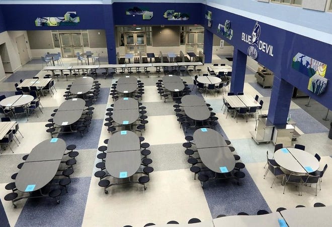 The student dining area inside the new Stanley Middle School, which opened to students March 12. [JOHN CLARK/THE GASTON GAZETTE]