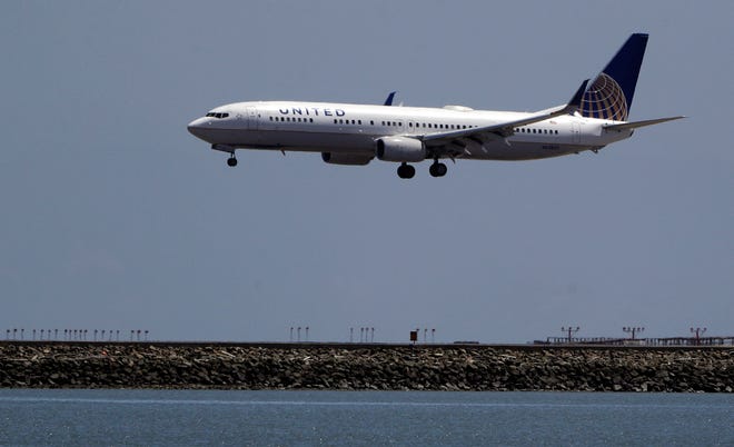 In this July 11, 2017, file photo, a United Airlines plane lands at San Francisco International Airport. A dog died on a United Airlines plane after a flight attendant ordered its owner to put the animal in the plane's overhead bin. United said Tuesday, March 13, 2018, that it took full responsibility for the incident on the flight from Houston to New York. In a statement, United called it "a tragic accident that should never have occurred, as pets should never be placed in the overhead bin." (AP Photo/Marcio Jose Sanchez, File)