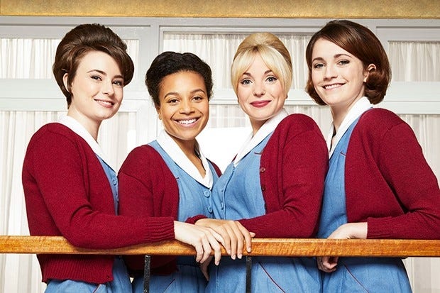 The seventh season of "Call the Midwife" premieres on PBS at 8 and 9 p.m. From left, Valerie Dyer is played by Jennifer Kirby, Leonie Elliot plays Lucille, Nurse Trixie Franklin is played by Helen George, and Charlotte Ritchie is Nurse Barbara Hereward. [PBS PHOTO]