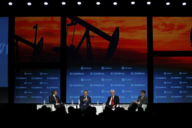 At CERAWeek, oil's big male-dominated event in Houston, speakers on March 7, 2018, included Carlos Pascual, senior vice president of IHS Inc., from left; Pedro Joaquin Coldwell, Mexico's energy secretary; Jim Carr, Canada's minister of natural resources; and Rick Perry, U.S. secretary of Energy. [Aaron M. Sprecher/Bloomberg]