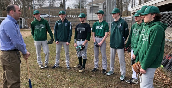 Coach David Williams speaks with his Sturgis West baseball squad prior to a practice at the Barnstable United Elementary School field (BP photo by Mike Richard)