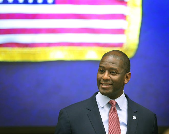 Florida governor candidate Andrew Gillum makes his pitch to the Volusia County Democratic Party in Daytona Beach Monday. Gillum, the Tallahassee mayor, is running against Gwen Graham, Philip Levine and Chris King in the Democratic primary. [News-Journal/Nigel Cook]