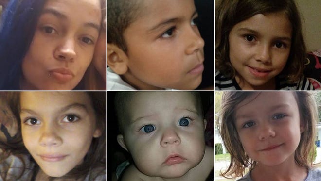 The Jacksonville Sheriff's Office is searching for missing woman Kimber Clark [ top left] and these five children. [Jacksonville Sheriff's Office]