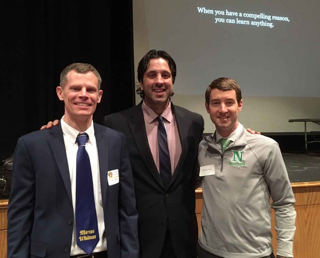 Marcus Whitman Superintendent Jeramy Clingerman, keynote speaker George Couros and Naples Superintendent Matt Frahm pose for a photo after Couros' talk at a regional conference. [DENISE CHAMPAGNE/MESSENGER POST MEDIA]