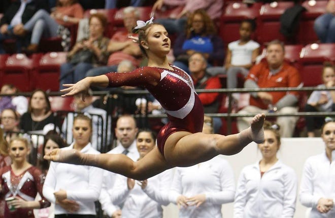 Alabama gymnast Abby Armbrecht competes on floor during the final home meet of the regular season against Oklahoma held at Coleman Coliseum on Friday, March 16, 2018. [Staff Photo/Erin Nelson]