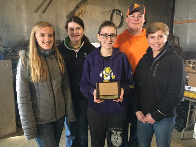 The West Carroll FFA livestock and dairy-judging teams placed in the Section 1 FFA Livestock and Dairy Judging contests March 17 at the County Highway Building in Mount Carroll. Pictured, from left: Abbi Burns, Lakin Getz, Celia Hartman, Riley Getz and Olivia Charles. [PHOTO PROVIDED]