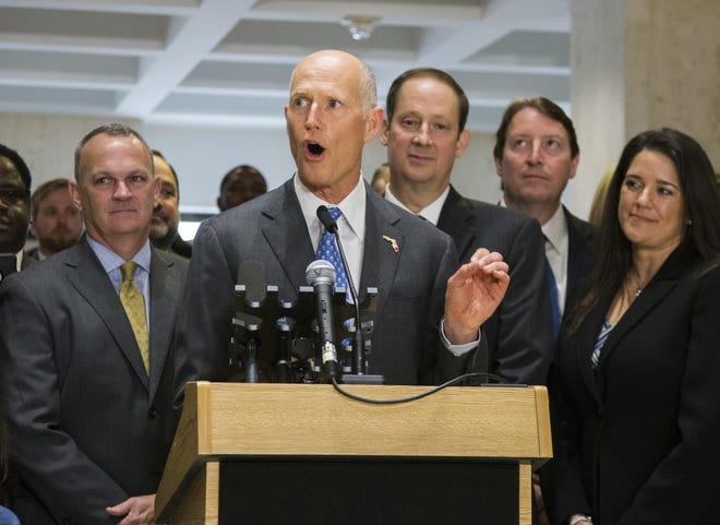 Florida Gov. Rick Scott speaks after the end of the legislative session at the Florida State Capitol in Tallahassee. [Mark Wallheiser / The Associated Press]
