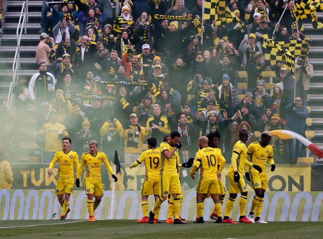 Crew SC celebrate a goal against D.C. United on March 24.