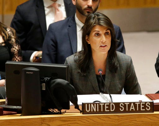 United States Ambassador to the United Nations Nikki Haley speaks during a Security Council meeting at U.N. headquarters, Wednesday, March 28, 2018. (AP Photo/Seth Wenig)