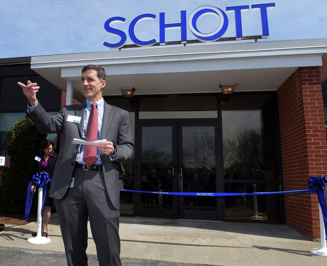 Schott Vice President Jim Gareau speaks Wednesday as the high-tech medical and dental device maker celebrates renovations at their Lighting and Imaging facility in Southbridge. [T&G Staff/Allan Jung]