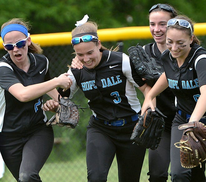 Kathleen Maloney (3), shown after making a stellar catch in center field during last year's Div. 3 Central championship game, and the Hopedale softball team have some holes to fill after making the state semifinals two of the last three years, but bring back strong talent as well.