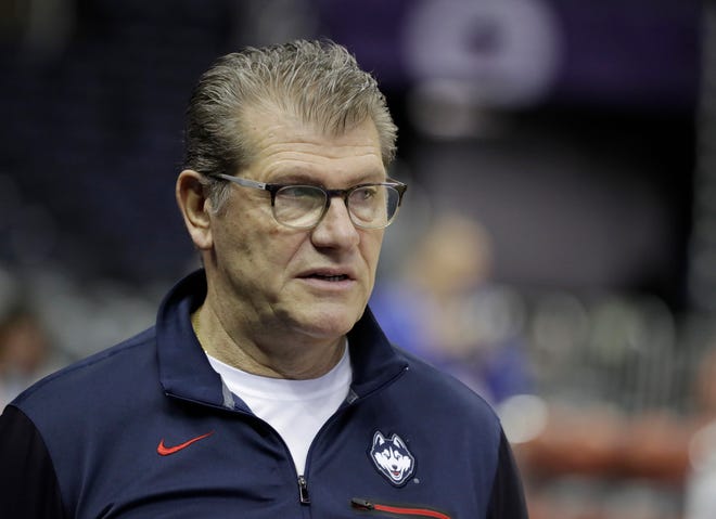 Connecticut head coach Geno Auriemma watches during a practice session for the women's NCAA Final Four college basketball tournament, Thursday, March 29, 2018, in Columbus, Ohio. UConn plays Notre Dame on Friday. (AP Photo/Darron Cummings)