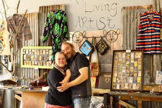 Mary and Jason Bolton are the owners of The Living Artist at 205 N. Mountain St., Cherryville. 'We don’t like boxes,' admits Jason Bolton. 'We wanted to introduce a new type of space to the area in order to offer a different experience to people a part of this community.' [DEMETRIA MOSLEY/THE GASTON GAZETTE]
