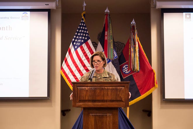 Lt. Gen. Laura J. Richardson speaks to attendants at the 82nd Airborne Div. Women’s History Month Observance “Women in War: Perseverance and Service” celebration held at the Fort Bragg Noncommissioned Officer Academy Wednesday.