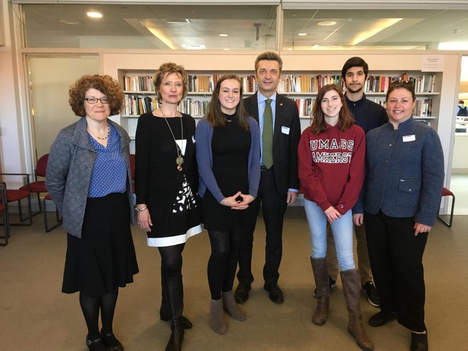 Pictured, from left​: Joan Campbell, LS German faculty; Heidrun Tempel, German Foreign Office; LS student Caitlin Kenney; Rolf Horlemann, New England German Consul General; LS students Audrey Bauer and Cal Hamandi; and Liz Von Wagner, Consular Cultural and Press Affairs [Courtesy Photo]
