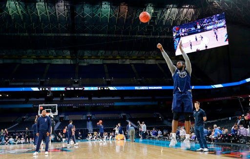 Villanova's Eric Paschall shoots during a practice session for the Final Four NCAA college basketball tournament, Friday, March 30, 2018, in San Antonio. (AP Photo/David J. Phillip)