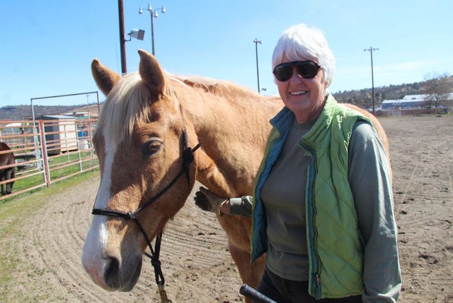 Ginny Goularte has volunteered with Stable Hands for 14 years. She is shown above with one of the horses that was being trained recently.