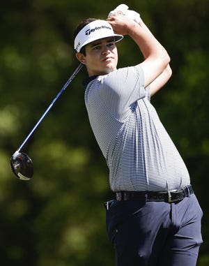 Beau Hossler hits his tee shot on the second hole during the third round of the Houston Open Saturday in Humble, Texas. (AP Photo/Eric Christian Smith)