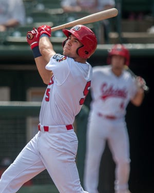 JOURNAL STAR FILE PHOTO Highly-touted outfield prospect Dylan Carlson played for the Peoria Chiefs last season, and was among the group of players who arrived in Peoria from the St. Louis Cardinals spring training site in Florida on Saturday.