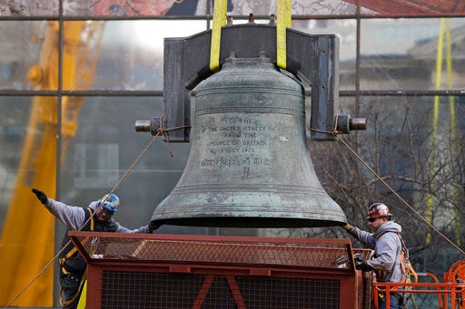FILE – In this Jan. 31, 2013, file photo, workmen guide the Bicentennial Bell, a gift from Britain for America's 200th birthday in 1976, before it is lifted into a shipping container in Philadelphia. A nonprofit group, Friends of Independence National Historical Park, is raising funds in 2018 to relocate the Bicentennial Bell, cast in the same London foundry as the Liberty Bell, to a planned garden in Philadelphia a few blocks from its better-known twin. The bell was put in storage in 2013 to clear space to build the Museum of the American Revolution. (AP Photo/Matt Rourke, File)