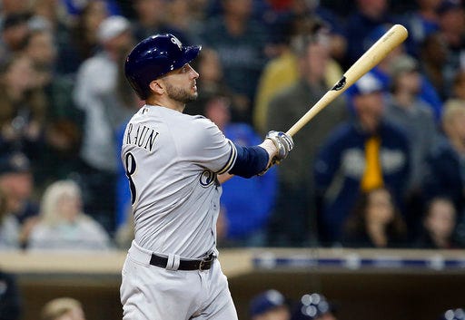 Milwaukee Brewers' Ryan Braun hits a 3-run home run against the San Diego Padres during the ninth inning of a baseball game in San Diego, Friday, March 30, 2018. The Brewers won 8-6. (AP Photo/Alex Gallardo)