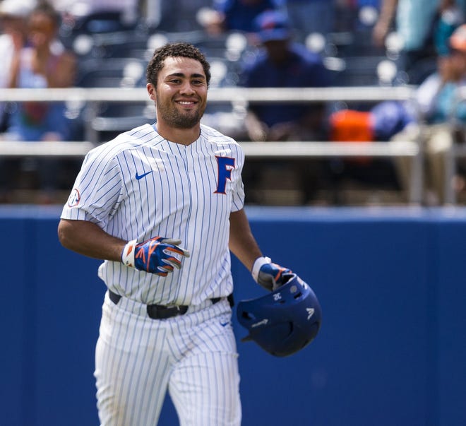 Florida's Keenan Bell is all smiles after his three-run home run in the Gators' 10-2 series-clinching win Saturday over Vanderbilt at McKethan Stadium. [Cyndi Chambers/Correspondent]