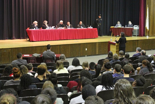 The Rhode Island Supreme Court hears one of three arguments at Woonsocket High School in 2017. The state's high court will hear three cases at Lincoln High School on Monday as part of its tradition called "riding the circuit." [The Providence Journal/Steve Szydlowski]