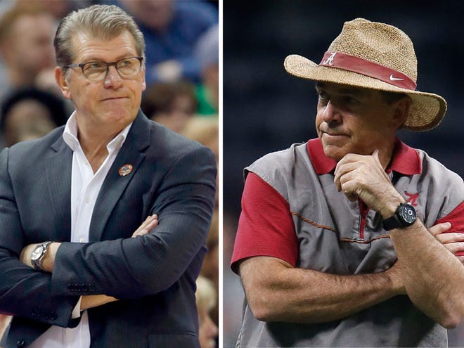 UConn women's basketball coach Geno Auriemma (left) and Alabama football coach Nick Saban are two of the premier coaches for their respective sports.