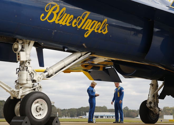 A pair of Blue Angel pilots made a publicity tour stop at the Tuscaloosa Regional Airport on Nov. Nov. 16, 2017. This year's Tuscaloosa Regional Air Show is set for April 14-15.The last air show In 2015 drew an estimated 163,000 people to Tuscaloosa. [Staff Photo/Gary Cosby Jr.]