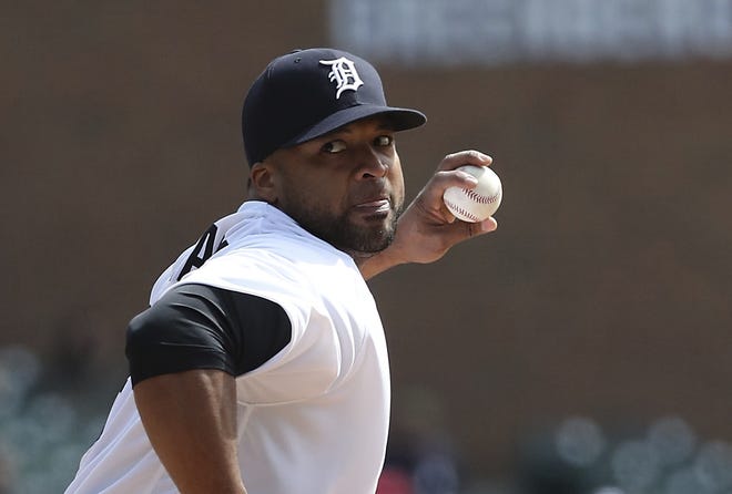 Detroit Tigers starting pitcher Francisco Liriano throws during the third inning of a baseball game against the Kansas City Royals, Monday, April 2, 2018, in Detroit. (AP Photo/Carlos Osorio)