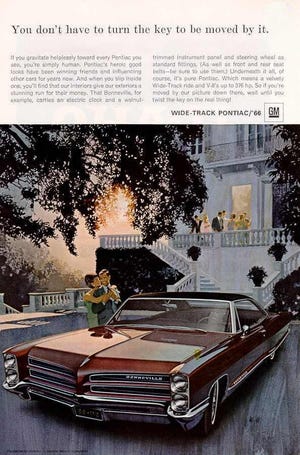 Advertisement for the 1966 full-size Pontiac Bonneville, which was available in numerous styles including a convertible. Pontiac V8 engines topped out at a 376 horsepower 421-incher with three two-barrel carbs. [Pontiac Division of General Motors]
