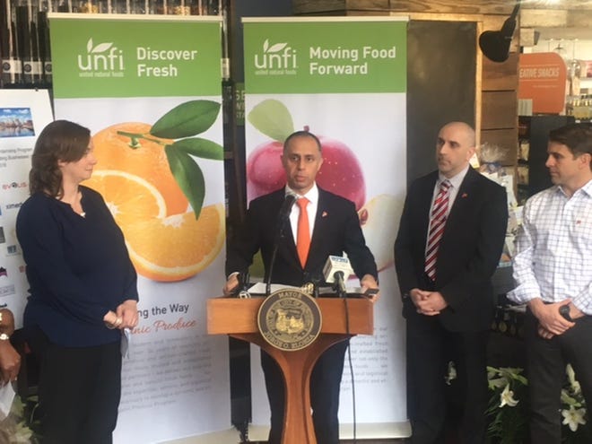 Providence is subsidizing paid internships that will support 50 positions this summer. Mayor Jorge O. Elorza announced the program Monday afternoon at United Natural Foods Inc., one of 20 participants in the program. [The Providence Journal / Mark Reynolds]