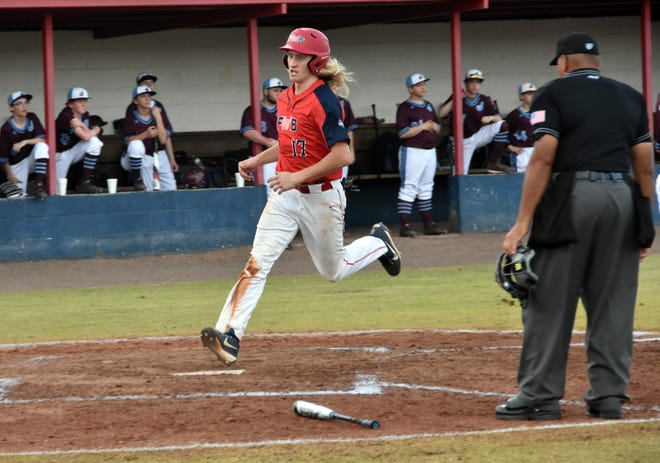 Fort Walton's Adam Anderson scored on a sacrifice fly by Alex Holz in the second inning. Anderson got on base after belting a triple to right center for an RBI himself in Monday's game against the Jeffersontown Chargers of Kentucky. The game ended in a 4-4 tie after 12 innings. [TINA HARBUCK/THE LOG]