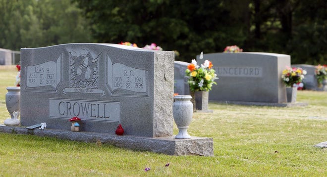 It's not uncommon for flowers and items to go missing from cemeteries across the state. Empty vases frame a tombstone at the Campground United Methodist Church Cemetery in Samantha on June 6, 2013. [File staff photo]