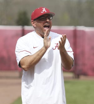 Alabama head coach Patrick Murphy rallies behind the Tide during game two against Boston College during the Easton Crimson Classic at Rhoads Stadium in Tuscaloosa on Saturday, March 10, 2018. [File Staff Photo/Erin Nelson]