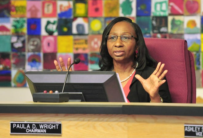 Duval County School Board Chairman Paula Wright urged community members to contact state legislators about education funding and the teacher bonuses. [Bob Self/Florida Times-Union]