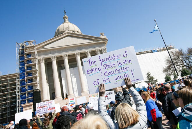 Teachers, students and supporters of increased education funding rally on the south side of the state Capitol during the third day of a walkout by Oklahoma teachers, in Oklahoma City, Wednesday, April 4, 2018. Photo by Nate Billings, The Oklahoman