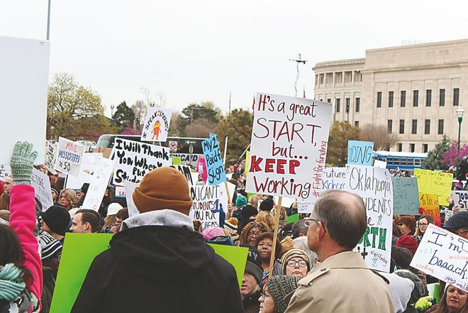 Thousands of public school teachers and supporters gathered in record numbers Monday at the State Capitol in Oklahoma City to rally for adequate education funding.

Nathan Thompson/Journal-Capital