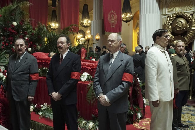 This image released by IFC Films shows, from left, Dermot Crowley, Paul Whitehouse, Steve Buscemi, Jeffrey Tambor and Paul Chahidi in a scene from "The Death of Stalin." (Nicola Dove/IFC Films via AP)