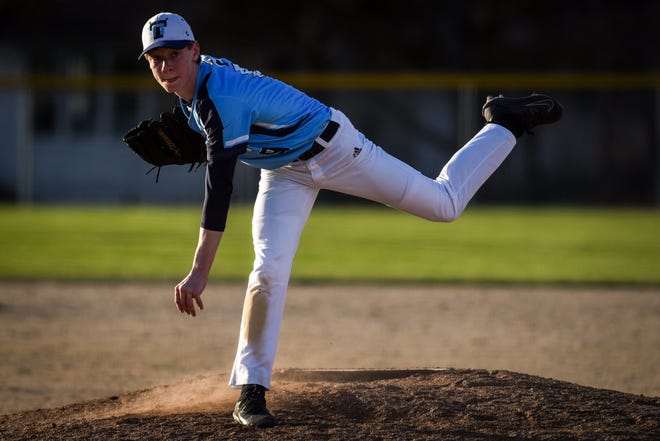 Tolton sophomore Cooper O'Sullivan throws a pitch during the Trail Blazers' game against Harrisburg at Legion Field on Thursday. Tolton defeated Harrisburg 10-1. [Hunter Dyke/Tribune]