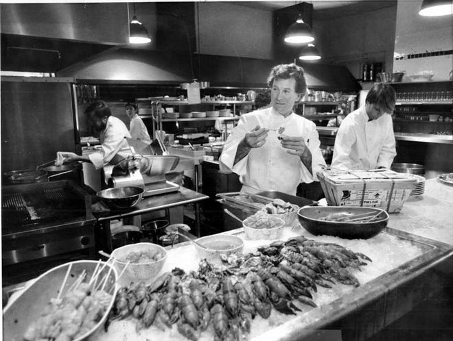 Jeremiah Tower cooking in Stars in the '80s. Right is Ogunquit, Maine chef Clark Frasier [Courtesy photo]