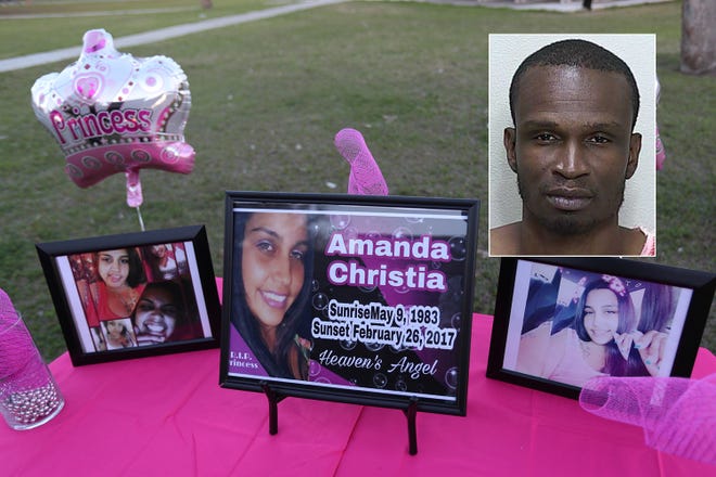 In this March 1, 2017 photo, a memorial table for Amanda Christia is on display during a memorial vigil and balloon release at the Ed Croskey Recreation Complex in Ocala. Durant Aundrey Smith, inset, has been charged in her death. [Bruce Ackerman/Star-Banner/File]