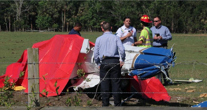 Investigators examine the aftermath of a plane crash in a cow pasture just west of Tomoka Farms Road on Wednesday, April 4, 2018, in Daytona Beach. [Jim Tiller/GateHouse Florida]