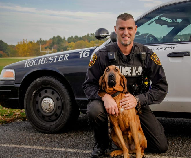 Rochester Police Officer and Strafford County Deputy Sheriff Keith MacKenzie and bloodhound Daisy Mae pose in this photo from 2015. Daisy Mae died in February from medical complications. A funeral service for her is planned for Monday morning at the Rochester Opera House. [Shawn St. Hilare/Fosters.com file]